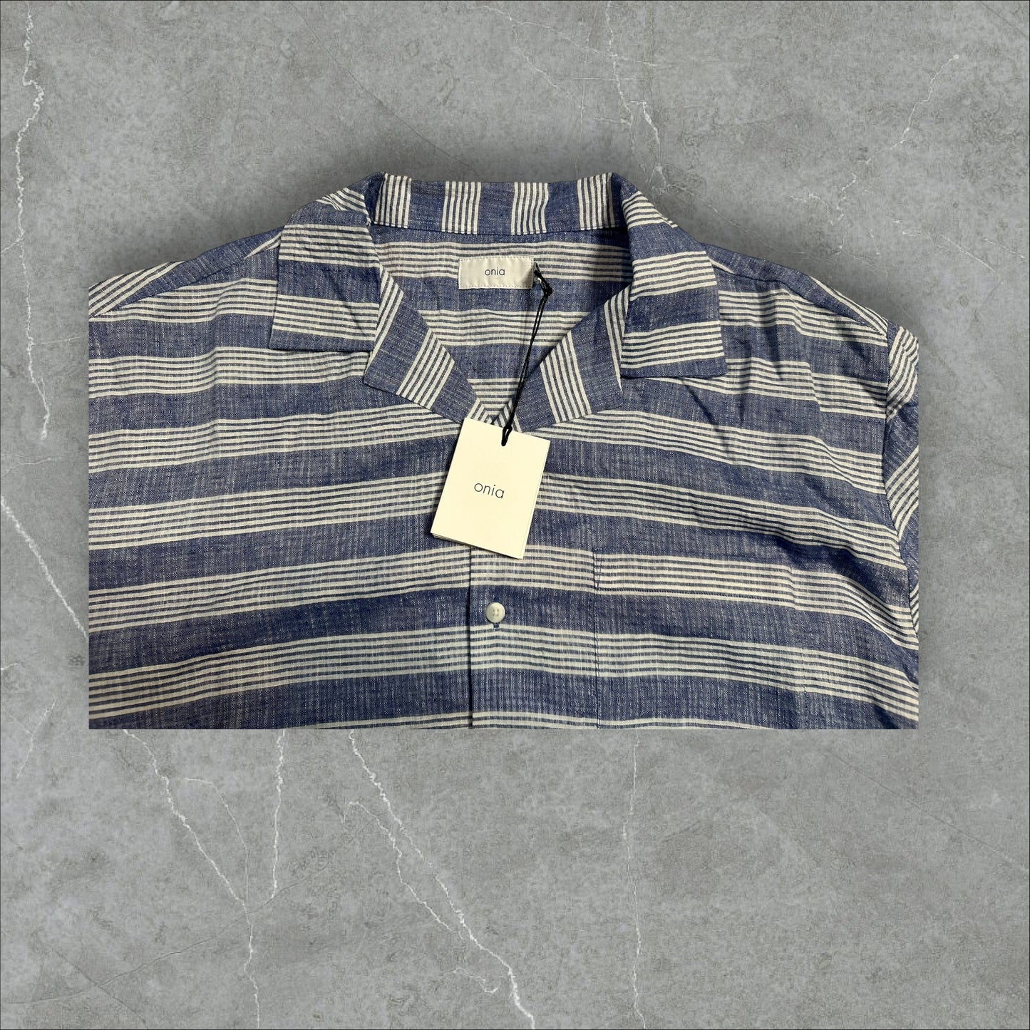 Onia’s Striped Seersucker Linen Short Sleeve Button Down (XXL)