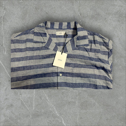 Onia’s Striped Seersucker Linen Short Sleeve Button Down (XXL)