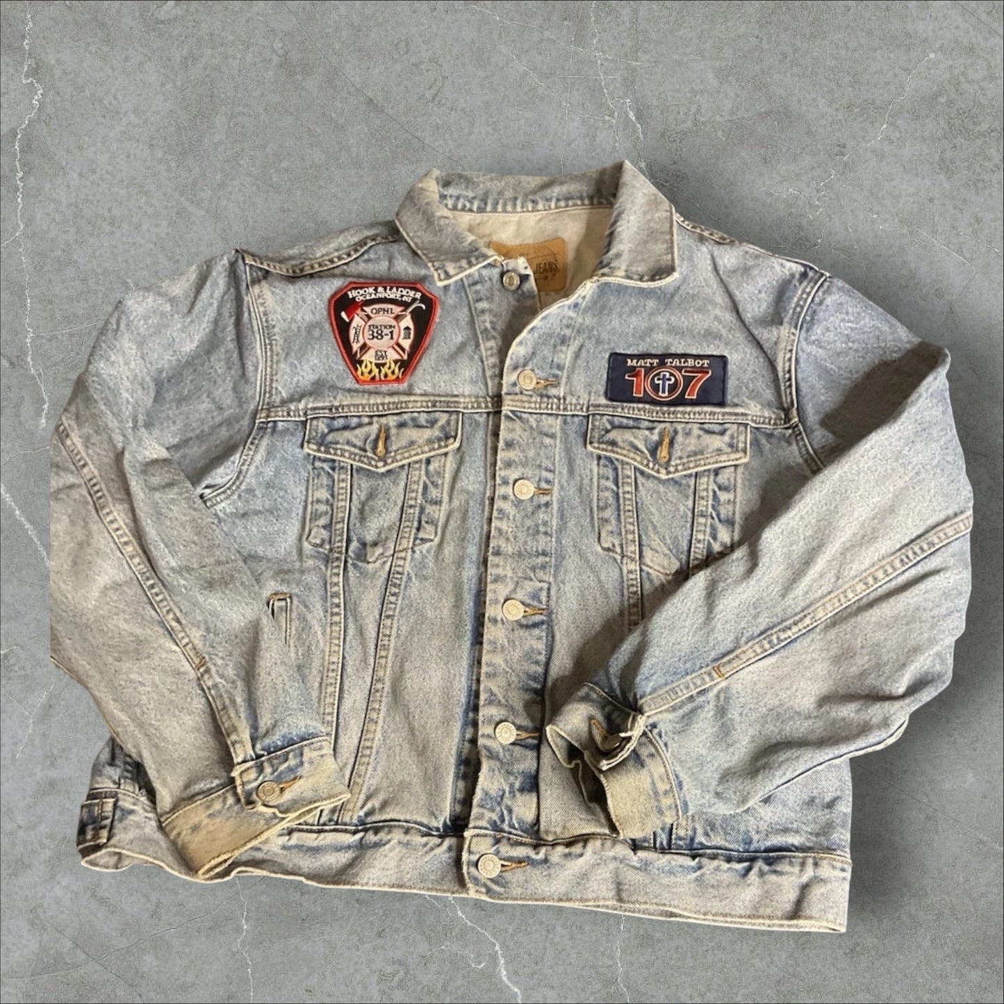 Upcycled Gap Denim Jacket W/ Hand Beaded Patches (L)