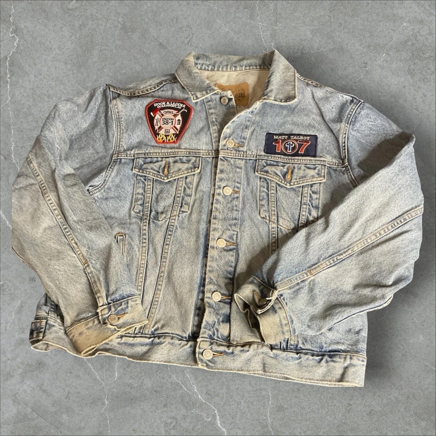 Upcycled Gap Denim Jacket W/ Hand Beaded Patches (L)