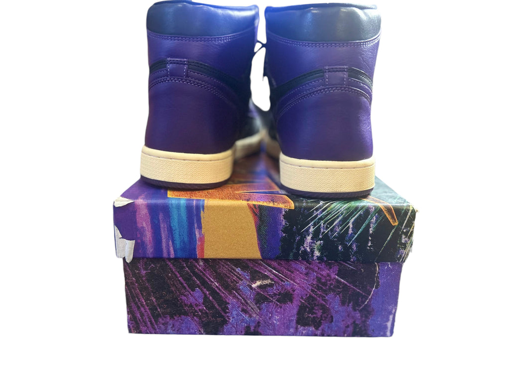 Blake's Closet Reves Paris x Air Kiy '85 Hi Lupus Edition sneakers in purple leather on a decorative shoebox