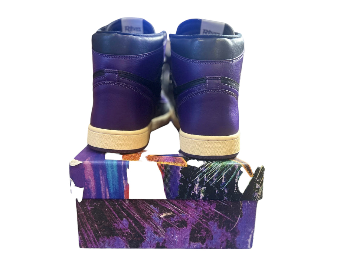 Blake's Closet Reves Paris x Air Kiy '85 Hi Lupus Edition sneakers in purple and black with cream soles, rear view.