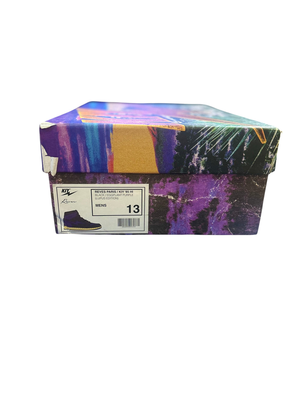 Blake's Closet Reves Paris x Air Kiy '85 Hi Lupus Edition sneaker box in purple and black with size 13 label