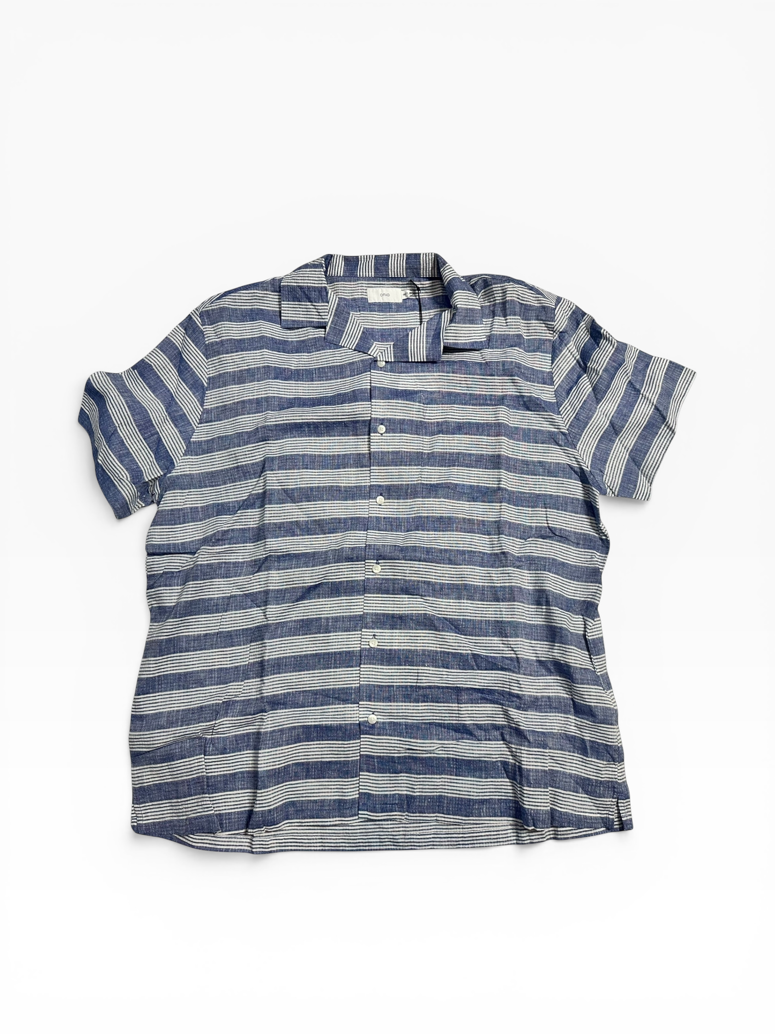 Onia’s Striped Seersucker Linen Short Sleeve Button Down (XXL)