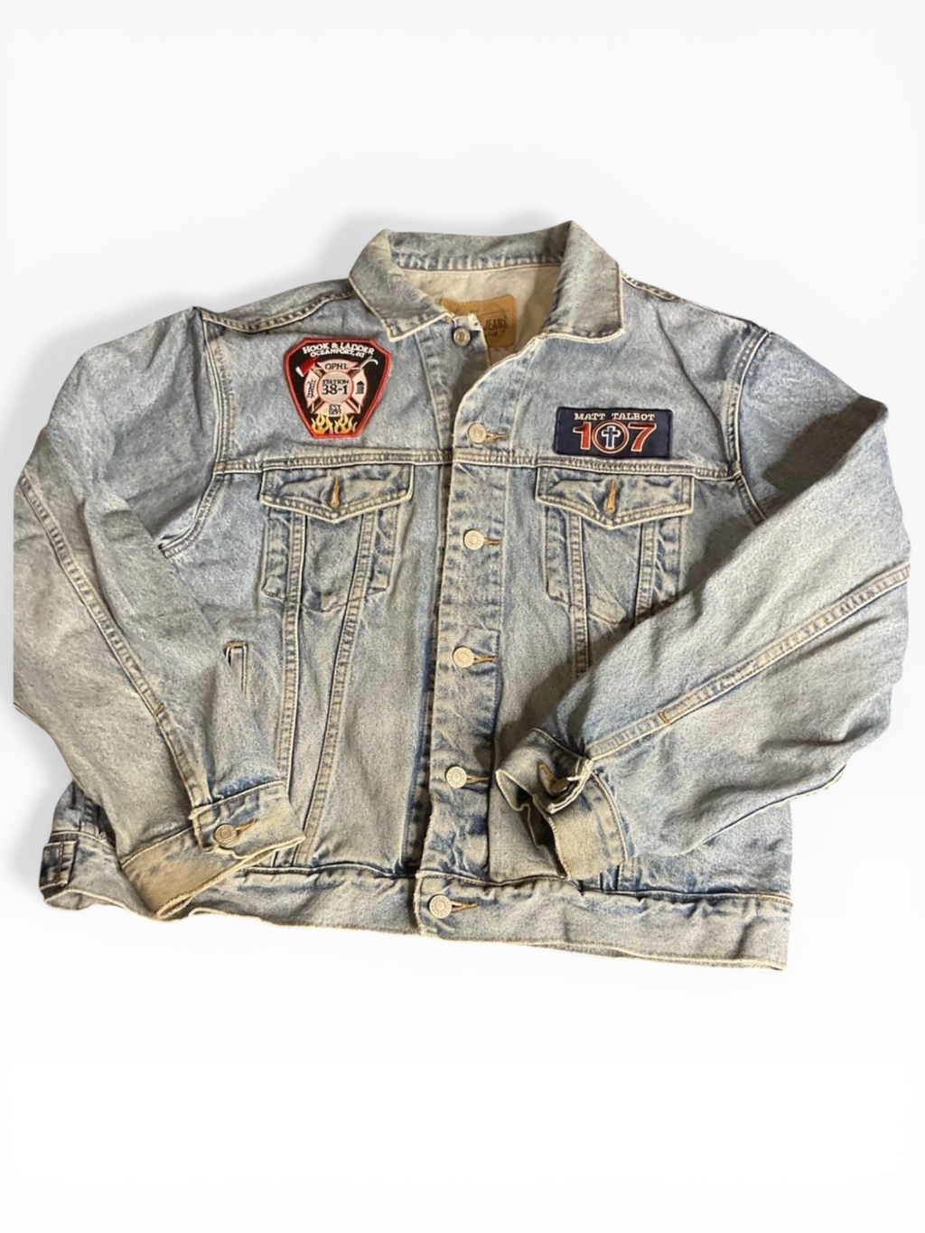 Upcycled Gap Denim Jacket W/ Hand Beaded Patches (L)