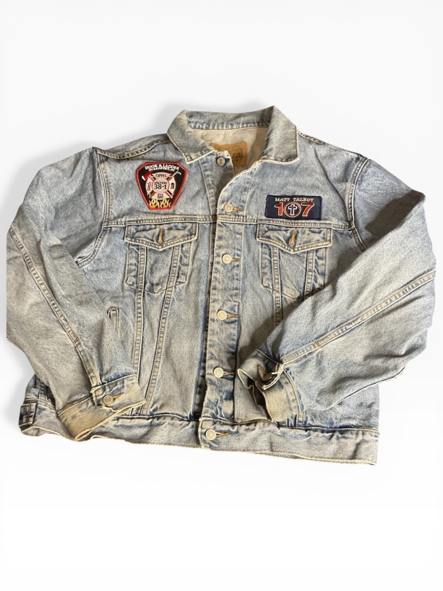 Upcycled Gap Denim Jacket W/ Hand Beaded Patches (L)