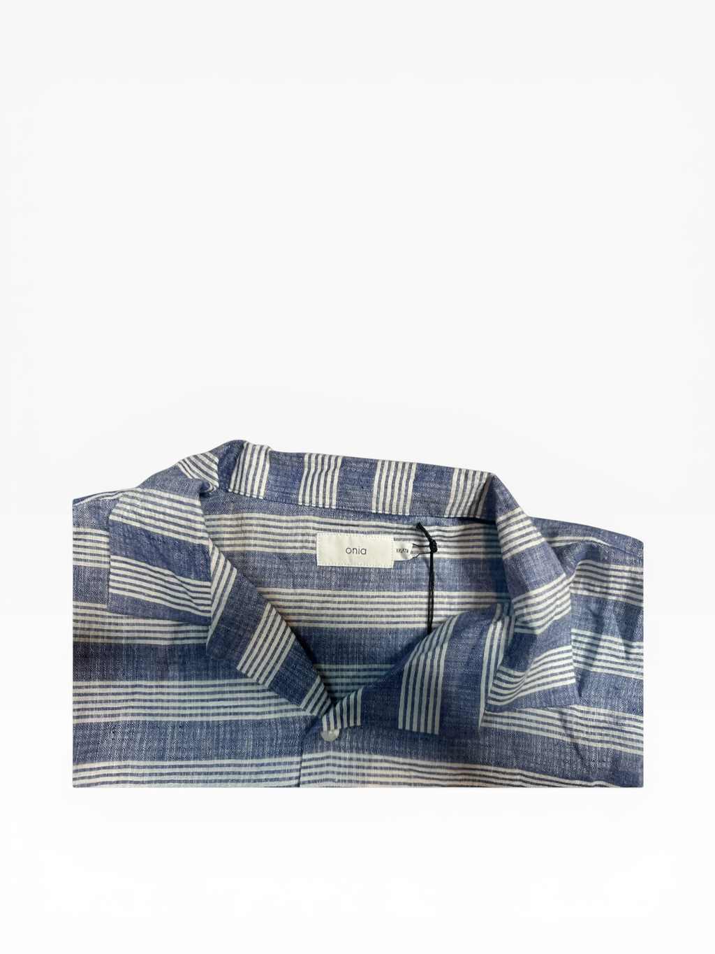 Onia’s Striped Seersucker Linen Short Sleeve Button Down (XXL)