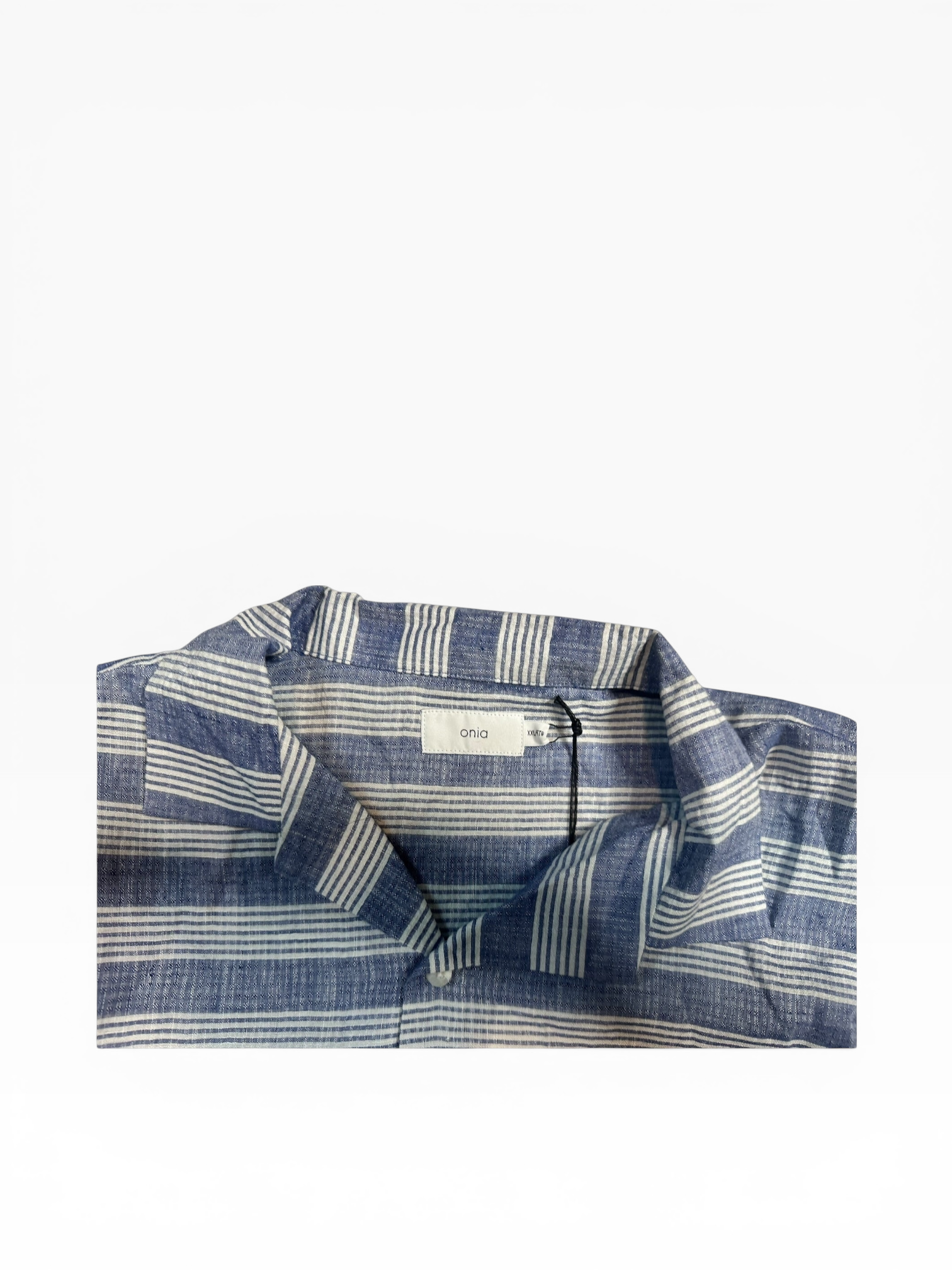Onia’s Striped Seersucker Linen Short Sleeve Button Down (XXL)