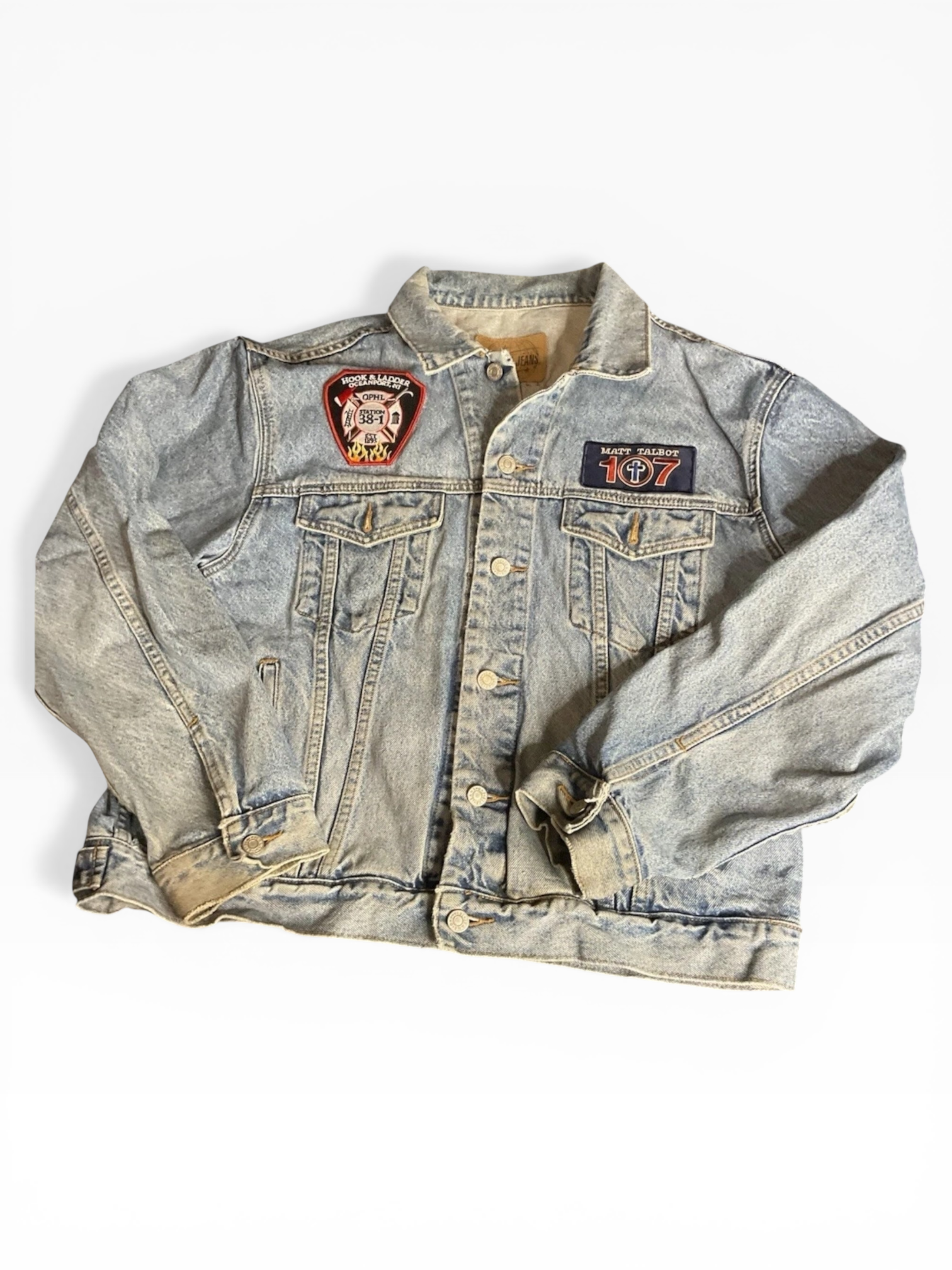 Upcycled Gap Denim Jacket W/ Hand Beaded Patches (L)