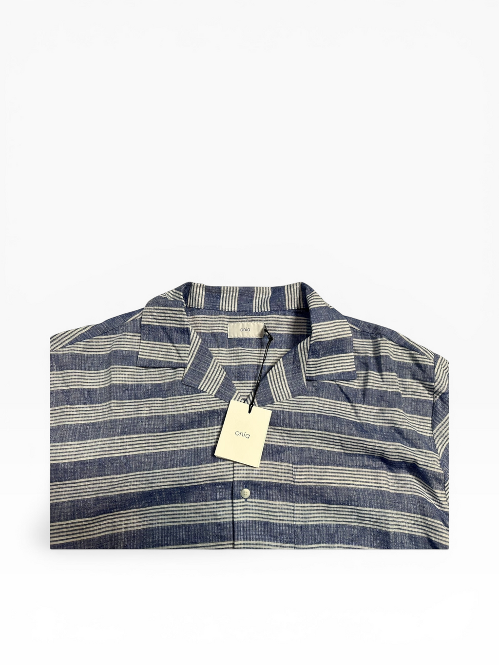 Onia’s Striped Seersucker Linen Short Sleeve Button Down (XXL)